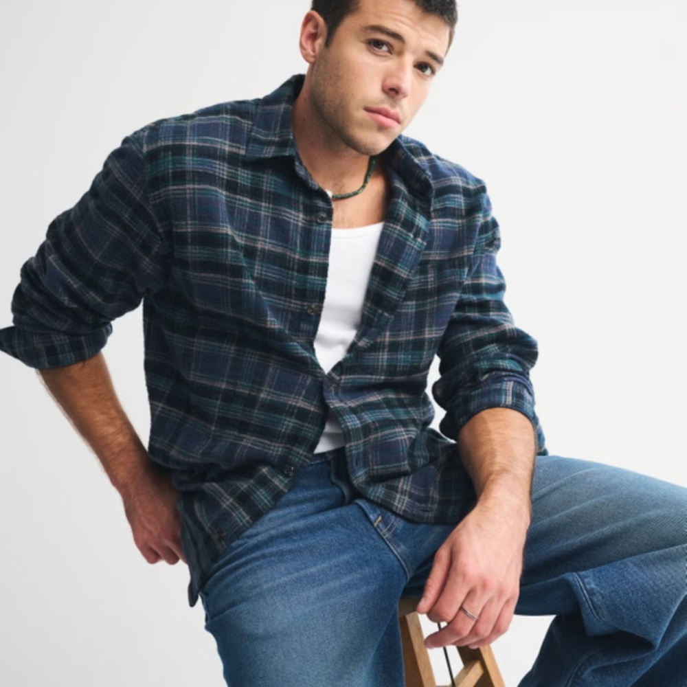 Abercrombie & Fitch Plaid Button Down Shirt | Blue & Green | Size Large